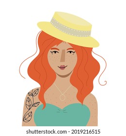 Beautiful redhead ginger girl with freckels on body and face in straw hat and dress vector illustration