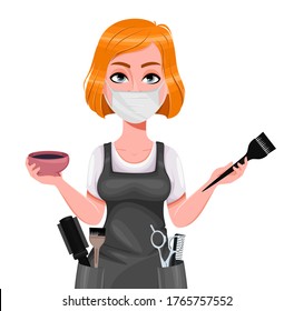 Beautiful redhead girl hairdresser holds hair dye and brush. Cute woman barber in protective mask. Female hairstylist cartoon character. Vector illustration