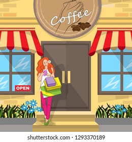 Beautiful redhead girl with long hair comes out of the cafe and holds a smartphone in her hands. Vector illustration