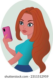 Beautiful Redhead Girl Makes a Selfie. Vector Illustration of a Cartoon Girl Looking into a Pink Mobile Phone