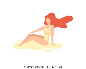 Beautiful Redhead Girl in Swimsuit Sunbathing on Beach on Summer Vacation Vector Illustration