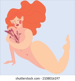 Beautiful redhead girl. vector illustration. Girl with flowers. Curvy body. 