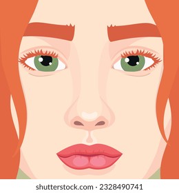 Beautiful redhead girls face close up. Woman with red hair and green eyes. Vector illustration