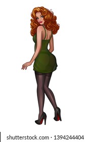 Beautiful redhead pin-up girl in green dress. Vector illustration