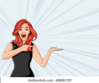 Beautiful redhead retro surprised woman pointing. Vintage art.