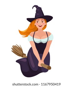 beautiful redhead witch flying on a broom. cartoon vector illustration