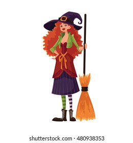 Beautiful redhead Witch with hat and broom. Funny cartoon character of witch. Halloween costume vector illustration