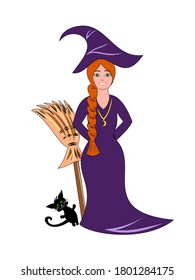 Beautiful redhead witch and her cute black cat isolated on white