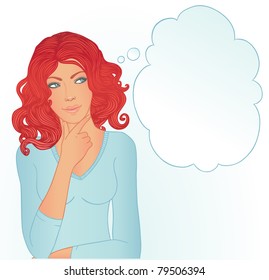 Beautiful redhead woman with blank thought bubbles isolated on a white background. Ready for your own words.