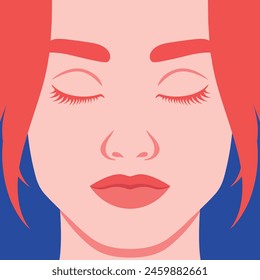 Beautiful redhead woman with closed eyes close up portrait.  Full face of a young female with red hair. Vector illustration