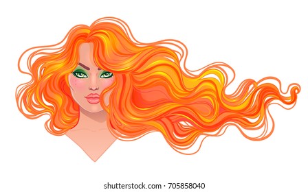 Beautiful redhead woman with long wavy hair flowing in the wind. Hair salon concept. vector illustration isolated. Portrait of a young Caucasian woman. Glamour Fashion concept. 