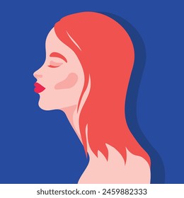 Hermosa mujer pelirroja con retrato de labios rojos.  Perfil de una joven con el pelo rojo. Ilustración vectorial