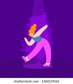 Beautiful Redheaded Girl Dancing under Music Lights on Discotheque Stage Disco Party Cartoon People Recreation Leisure Time Dance Marathon Fiesta Show Festival Competition Flat Vector Illustration