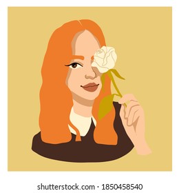 Beautiful redheaded woman with white rose. Vector modern portrait