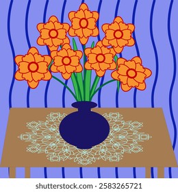 Beautiful red-orange flowers in a blue vase. The vase stands on an openwork napkin.