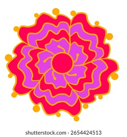 Belo Emblema Floral Vermelho-Rosa-Dourado. Elemento Floral Central Colorido Moderno. Modelo para bordado, tecido, almofada. Design de joias. Simples ilustração decorativa.