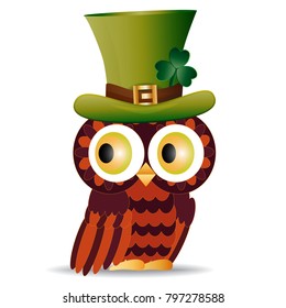 Beautiful, refined owl with a pattern in a green hat with a shamrock to the day of St. Patrick