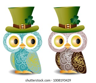 Beautiful, refined owls with a pattern in a green hat with a shamrock to the day of St. Patrick