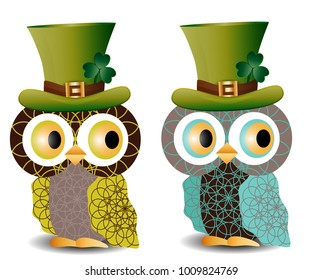 Beautiful, refined owls with a pattern in a green hat with a shamrock to the day of St. Patrick