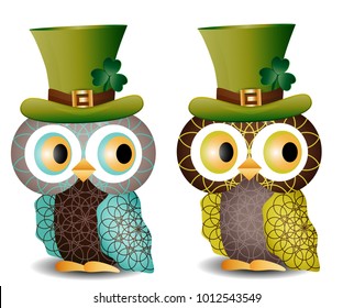 Beautiful, refined owls with a pattern in a green hat with a shamrock to the day of St. Patrick