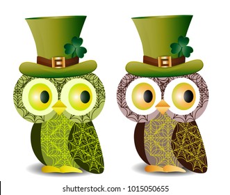 Beautiful, refined owls with a pattern in a green hat with a shamrock to the day of St. Patrick