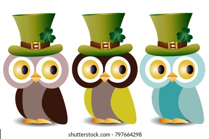 Beautiful, refined owls with a pattern in a green hat with a shamrock to the day of St. Patrick