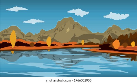 beautiful reflection of river views with pine forests and vector mountains