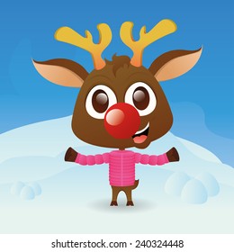 a beautiful reindeer with winter clothes on a winter background