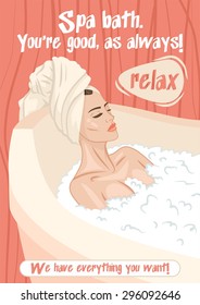 Beautiful relaxed woman taking a bath with foam pink poster