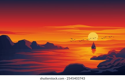 Schöne entspannende Strand Sonnenuntergang Landschaft mit Segelboot und Felsen