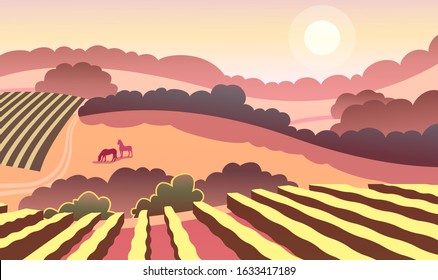 Beautiful relaxing rural vinery landscape with horses vector illustration