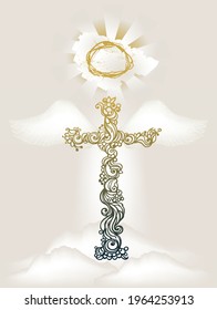 A beautiful religion Christian cross with a curly ornament, wings and a crown of thorns on a beige background. Decorative vector illustration on a religious theme with an ornate cross on the clouds