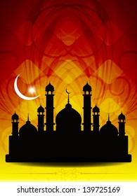Beautiful religious Eid background in red and yellow color with mosque. vector illustration