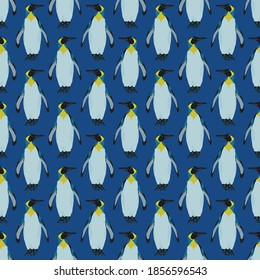 Beautiful repeat vector king penguin pattern.
Polar wildlife ice animal on a blue background.