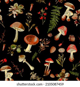 Beautiful repeated Seamless autumn forest theme pattern with another floral and mushrooms image assets, fall, t-shirts, texture perfect for mugs, fabrics, packaging, POD etc