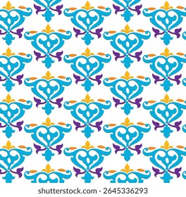 A beautiful repeating damask pattern in teal blue, gold, and purple.