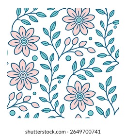 A beautiful, repeating floral botanical pattern featuring delicate flowers and leaves on a clean white background, perfect for creating charming and elegant designs.