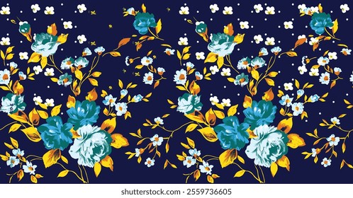 A beautiful, repeating floral pattern in shades of teal blue, light blue, white, and gold on a navy background.