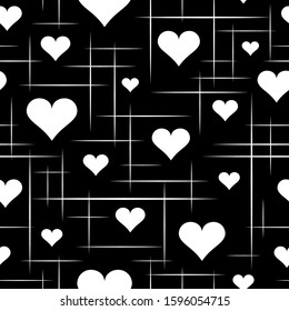 Beautiful repeating geometric backdrop with figures hearts. Seamless pattern. Elegant monochrome texture. Black and white background. Regular simple graphic grid for design. Vector swatch tileable 