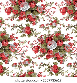 A beautiful repeating pattern of bouquets of roses and small flowers in shades of red, white, and gray on a white background.