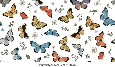 Beautiful repeating pattern featuring a variety of colorful butterflies and delicate small wildflowers on a white background.
