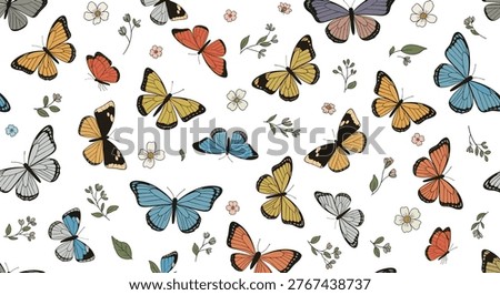 Beautiful repeating pattern featuring a variety of colorful butterflies and delicate small wildflowers on a white background.