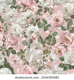 Beautiful repeating rose pattern with detailed botanical flowers and foliage. Suitable for wallpaper, fabric design, wrapping paper, and elegant surface pattern applications.