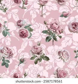 Beautiful repeating rose pattern with detailed botanical flowers and foliage. Suitable for wallpaper, fabric design, wrapping paper, and elegant surface pattern applications.