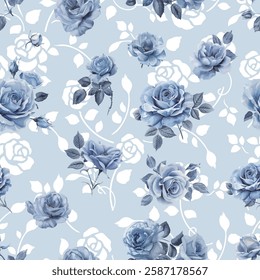 Beautiful repeating rose pattern with detailed botanical flowers and foliage. Suitable for wallpaper, fabric design, wrapping paper, and elegant surface pattern applications.