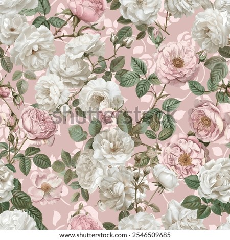 Beautiful repeating rose pattern with detailed botanical flowers and foliage. Suitable for wallpaper, fabric design, wrapping paper, and elegant surface pattern applications.