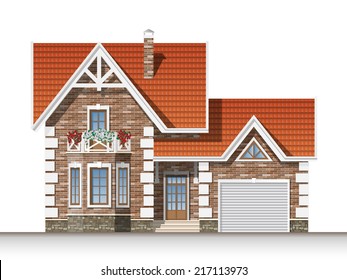 Beautiful residential brick house with a mansard and garage. Front elevation.