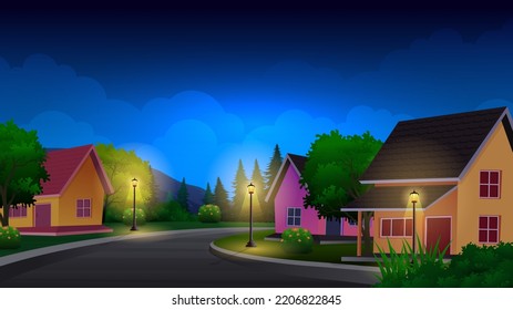 Beautiful residential house at night with street lamps, green lawn, bush and trees vector illustration