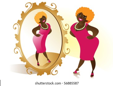 Beautiful resilient African-American woman in a red  dress, admiring her reflection in the mirror