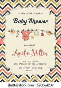 Beautiful retro baby shower card template with golden glittering details, vector format